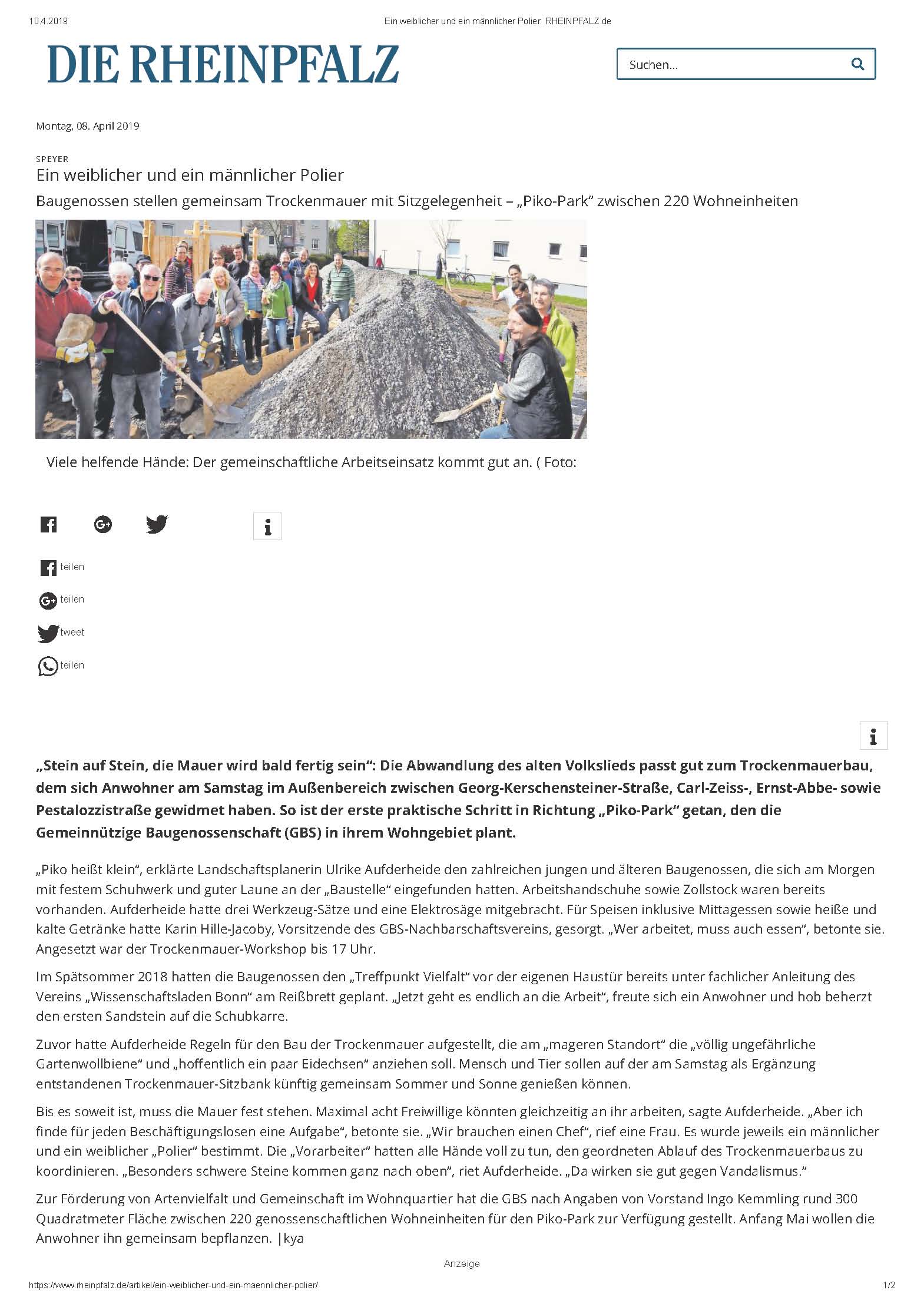 SP Artikel über Trockenmauerbau Die Rheinlandpfalz Seite 1